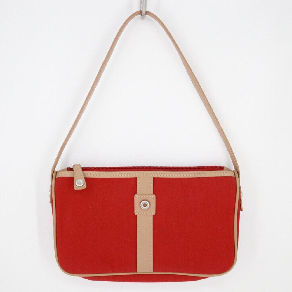 Ecco Handbag Women Small Red Canvas Tan Leather Lined Flat Purse Shoulder Bag